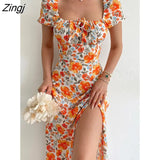 Elegant Sweet Floral Print Dress for Women Summer Dresses 2022 New Strapless Short Puff Sleeve Slim Hem Slit Maxi