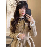 Vintage Sweet A Line Mini Dress Women Preppy Bow Ruffles One Piece Dresses Korean Elegant Single Breasted Slim