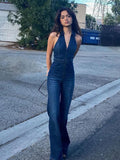 Halter Neck Denim Jumpsuit- Outfit