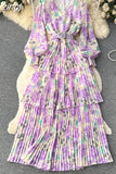 Autumn Women Floral Ruffle Long Dress Bohemian Vacation Beach Maxi Robe Female Elegant V-Neck Lantern Sleeve Robe