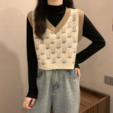 Vintage Harajuku Print Knit Vest Fall Women V-Neck Sweater Vests Fashion Loose Sleeveless Y2k Waistcoat Korean