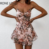 Women Floral Print Ruffle Hem Backless Casual Dress Summer Mini