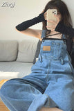 Denim Pant Women Preppy Style Y2k Wide Leg Jeans Fashion Straight Pockets Summer Blue Overalls Ankle-Length