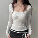 Solid Color Square Neck Lace Trim Bow TeeOutfit