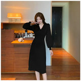 Solid Long Sleeve V-neck Elegant Dress Women Double Breasted Office Slim Knit Dress 2023 Spring Autumn Ladies