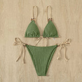 Sexy Bikini Set Cute White Plain Ring Linked Spaghetti Strap Triangle Thong Biquini Swimsuit Swimwear Women Bathing Suit