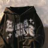 fuzzy printing design sense niche loose y2k top hooded zipper hoodie women street vintage cardigan hoodie women