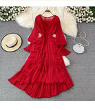 Fairy Seaside Holiday Chiffon Dress Female Lotus Lace V Collar Temperament Folded Waist Thin Swing