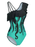 Skew Neck Flounce One-Piece Swimsuit Gothic Women Octopus Print Padded Bathing Suits Beach