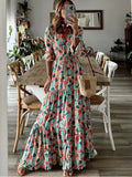 New Women's Printed Short Sleeved Dress with Waist Lace Up Long Large Swing Skirt Bohemian Style Fake Women's Dress
