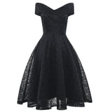 Women Vintage Lace Dress Red Black Green Slash Neck Tulle Midi Chic Retro Gothic 50s Jurken Swing Party