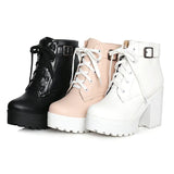 Autumn Fashion Women Boots Square High Heels Platform Buckle Lace Up Pu Short Booties Winter Ladies Shoes 2021