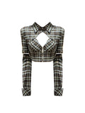 Fashion Women's Blouses Patchwork Casual Long Sleeve Korean Chic Hollow Out Plaid Shirts Elegant Y2k Female Polo Blusas