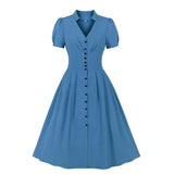 Green Blue Women's Rockabilly Dress 1950s Pinup Casual Vintage Solid Flare Dresses Robe De Cocktail Button Shirt