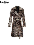 Spring Autumn Long Stylish Leopard Print Trench Coat for Women Belt Double Breasted Casual Luxury Designer Clothes