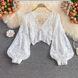 Lace Hollow Out Blouse Women Summer V-Neck Puff Sleeve Backless Tops Casual Korean Slim Lace Up Solid White Crop