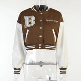 Patchwork Crop Jacket Women B Letter Print Jackets Varsity Ladies Autumn Winter Casual Oversized Fashion Baseball Coat