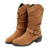Women's Mid Calf Boots For Autumn Female Slip on Belt Buckle High Boots 2022 Solid Color Martins Boots Footwear Botas