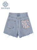 High Waist Denim Short Women Summer Chic Pocket Printing Tassel Hole Ripped Jeans Short Femme Short Pants Women