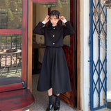 Kawaii Autumn Woolen Set Solid Black Single Breasted Coat + High Waist Long Pleated Skirt Women Winter Wild Preppy
