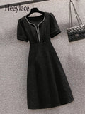 Summer Dress For Women High Quality Temperament Elegant French Vintage High Waist A-line Black Dress Women 4XL