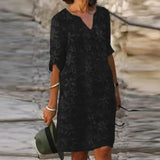 Solid Pullover Dresses Spring Cotton Linen Loose Medium Length Dress Retro Button Stand Collar Half Sleeve Commuter