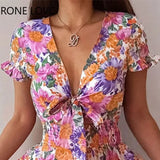Women Chic Deep V Neck Short Sleeves Cascading Ruffles Hem Disty Floral Sexy A-line Sweet Party