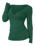 Women Black Ruched Plunging Long Sleeve T Shirt Autumn Spring V Neck Casual Solid Female Tops Tees