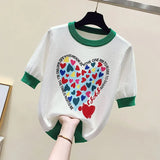 Large 2XL Comfort Cotton Knitted T Shirts Cute Love Heart Print Graphic Tee Korean Japan Fashion Office Ladies Tops