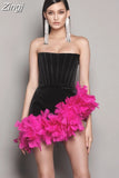 Strapless Backless Lace-up Feathers Dress Women Black Velet Feather Design Badycon Mini Dress Evening Catwalk Party