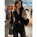 Y2K White Blouses Women Sexy Bandage Slim Shirts Office Lady Korean Fashion Black Long Sleeve Waist Tunic Chic Casual