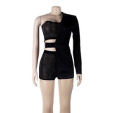 Sexy Black Crystal Two Pieces Shorts Set Women One Sleeve Jackets And High Waist Shorts Special Club 2 Pieces