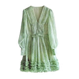 and Summer Women Chiffon Floral Print Lantern Sleeve V Neck Mini Dress Elegant Female Ruffles Beach Dresses