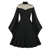 Black Women Party Dress Flare Sleeve Black Dark Red Christmas A Line Swing Sundress Autumn Winter Vintage Retro