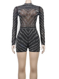 Sexy Black Rhinestone Sheer Mesh Skinny Rompers Women Stand Long Sleeve Playsuit Night Clubwear Short