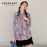 Pink Blue Tie Dye Long Sleeve Top Button Up Summer Shirt Women Floral Print Loose Collared Shirt Designer