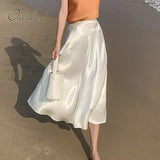 2022 Summer Women Satin Skirt Elegant Lady Vintage Silk High Waist Midi