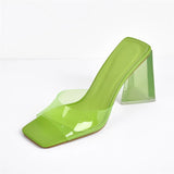 Onlymaker Women Square Toe PVC Slip on Clear High Heels Transparent Summer Concise Casual Party Dress