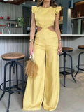 New Summer Solid Women Jumpsuit Sleeveless O-neck Naked Waist Wide Leg Long Pant Bodysuit Fashion Fit Casual