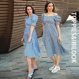 Sexy Square Collar Striped Midi Dresses Shot Puff Sleeve Summer Dresses Women Elegant A-line