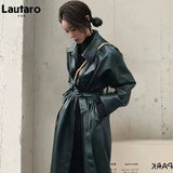Autumn Long Black Cool PU Leather Trench Coat for Women Belt Single Breasted Loose Korean Fashion Wholesale Clothes