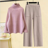 Winter Warm Two Piece Sets Womens Outfit Office Ladies Elegant Turtleneck Knitted Loose Sweater And Woolen Pants Sets