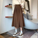 Chic Harajuku High Waist Elastic Pleated Skirt Women Elegant Preppy Style Y2k Skirt Autumn Winter Thick A-line Midi