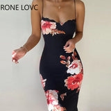 Women Lace Trim Spaghetti Strap Floral Print Bodycon Dress Summer