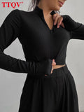 Casual Slim Black Womens Two Peice Sets Autumn Fashion Long Sleeve Corp Tops With High Waisted Wied Leg Pants Sets