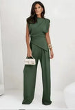 Faitry Face Solid-Colored Collared Folded Fork Vest Top Broad Leg Trousers Set