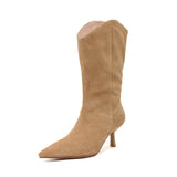 Women's stiletto heel 2023 pointed toe middle boot western cowboy boots fall/winter frosted high-heeled knight boots Thin