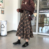 Autumn Winter Wool Women Midi Pleated skirt High Waist Plaid Female Saias Korean Ulzzang Streetwear Elegant Long