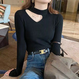 Winter Half High Collar Sexy Hollow Out Slim Sweater Top Women Solid Simple Bottoming Pullover Ladies All-match