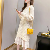 Woman Winter 2022 Autumn New Lace Stitched Dress Versatile Loose Sweater Streetwear Long Sleeve Pullover Dresses
